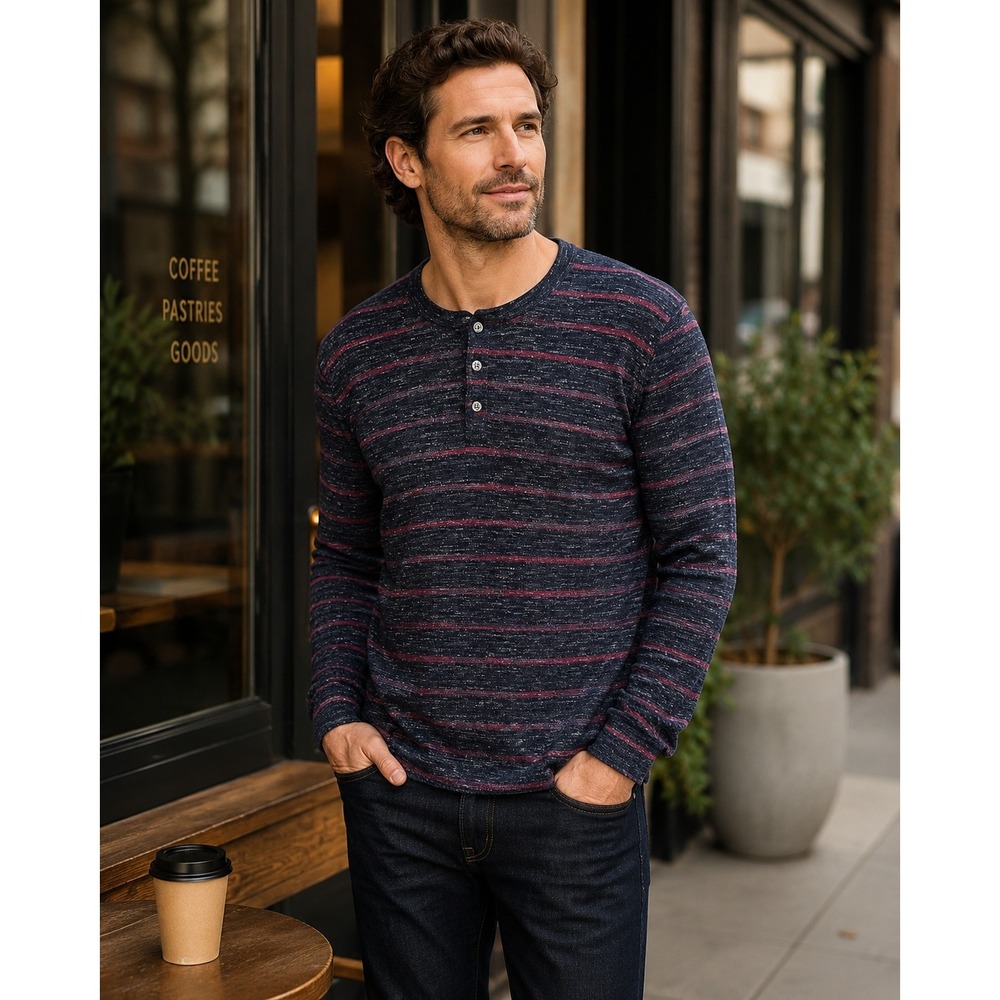 Vince Mens L Wool Linen Henley Sweater Navy Burgundy Striped Long Sleeve